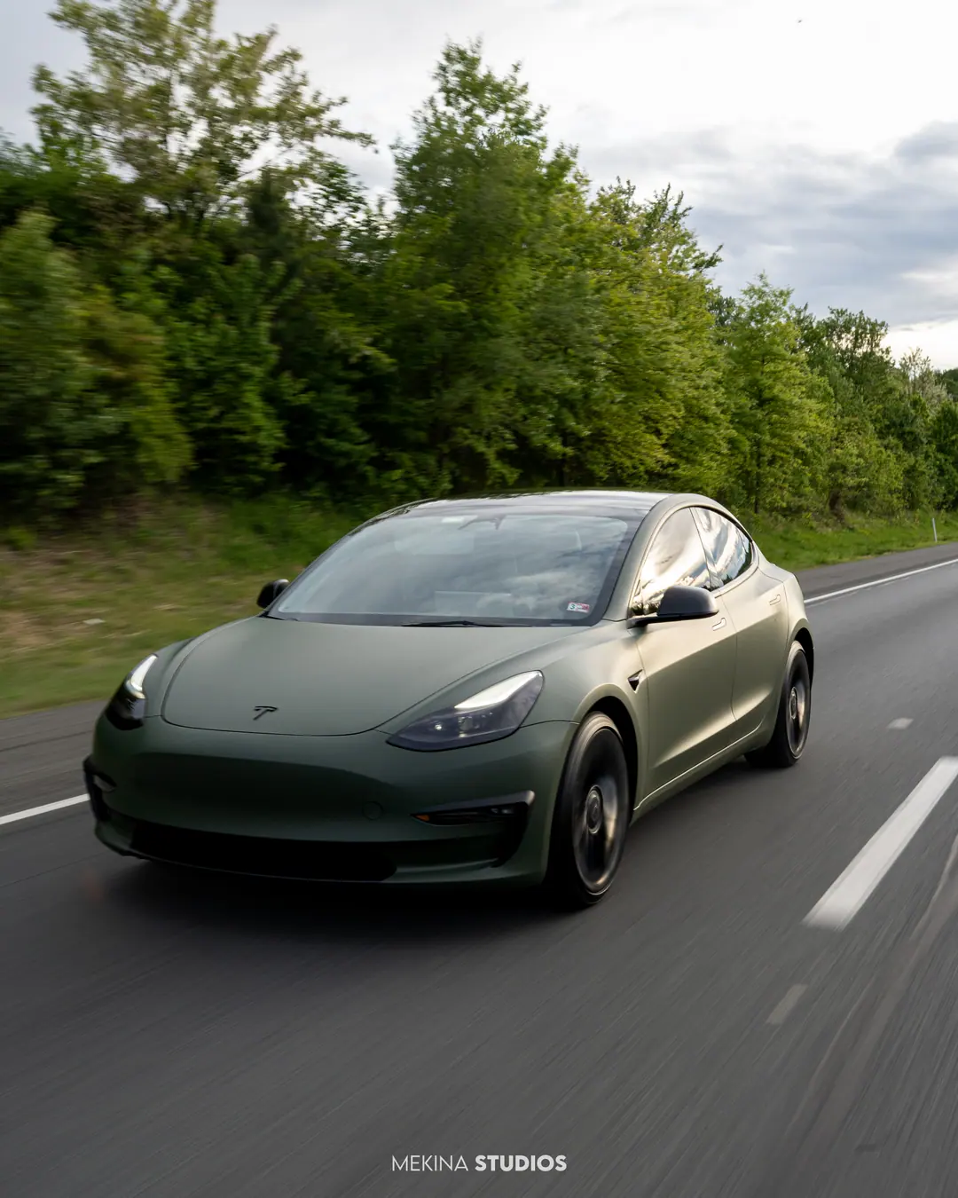 2021 Tesla Model 3 Performance — Wrap in Matte Military Green — frame 2